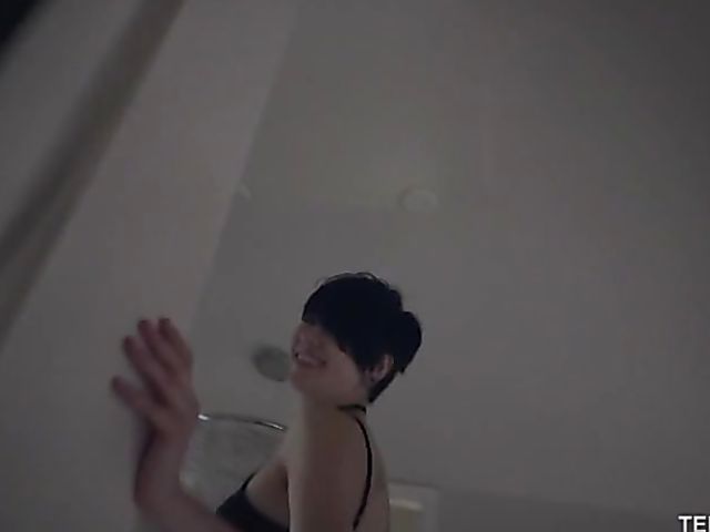Short hair teen Cadey Mercury strips and gets nailed