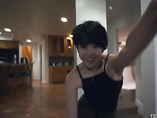Short hair teen Cadey Mercury strips and gets nailed