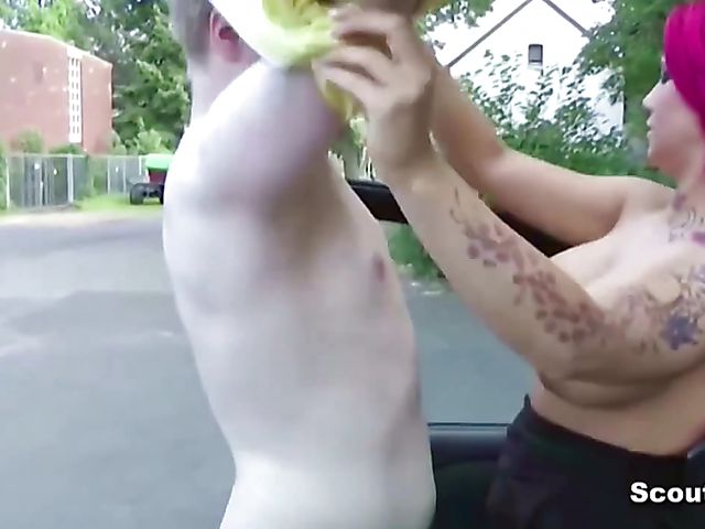 Public blowjob and fuck in the street with busty German