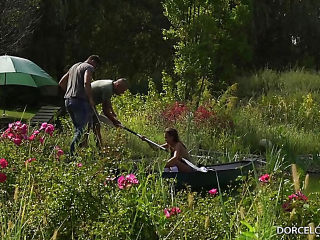 Busty French girl Mina Sauvage first DP by the lake