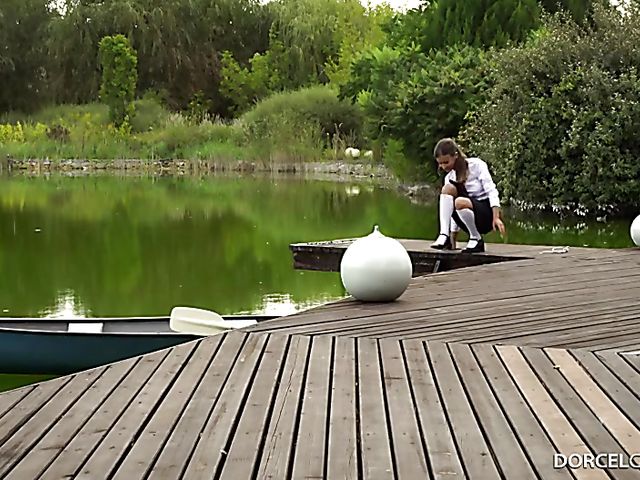 Busty French girl Mina Sauvage first DP by the lake