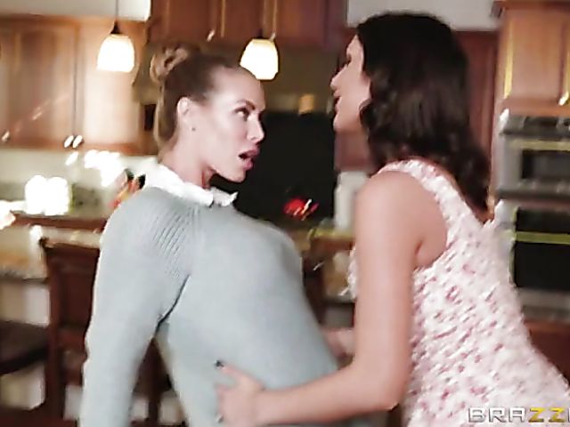 Busty Nicole Aniston and August Ames fuck in kitchen threesome