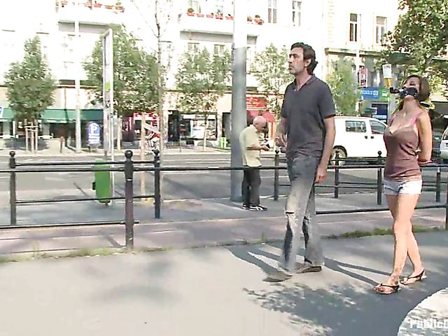 Public bondage and fucking with busty Alice Romain