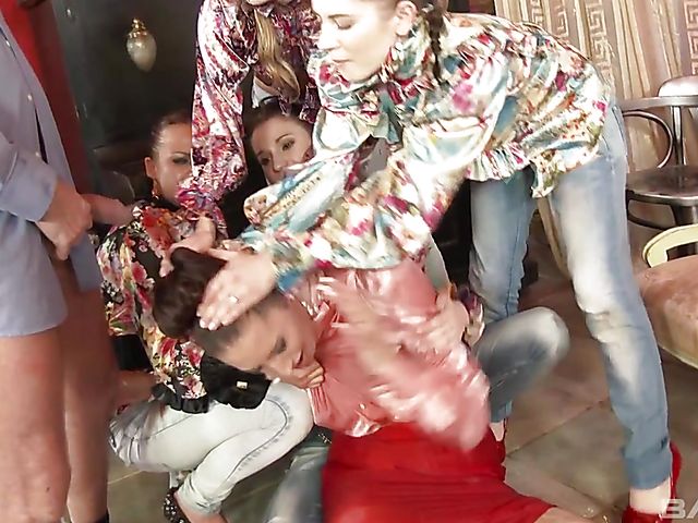 Fully clothed golden shower orgy with nasty ladies