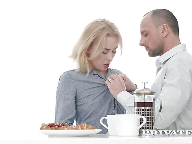 Pale blonde Via Lasciva gets analyzed in the kitchen