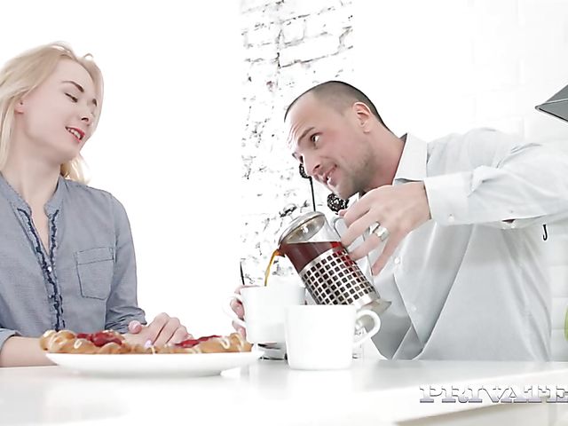 Pale blonde Via Lasciva gets analyzed in the kitchen