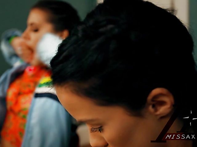 Adriana Chechik and Megan Rain FFM blowjob in the classroom