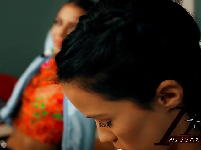 Adriana Chechik and Megan Rain FFM blowjob in the classroom