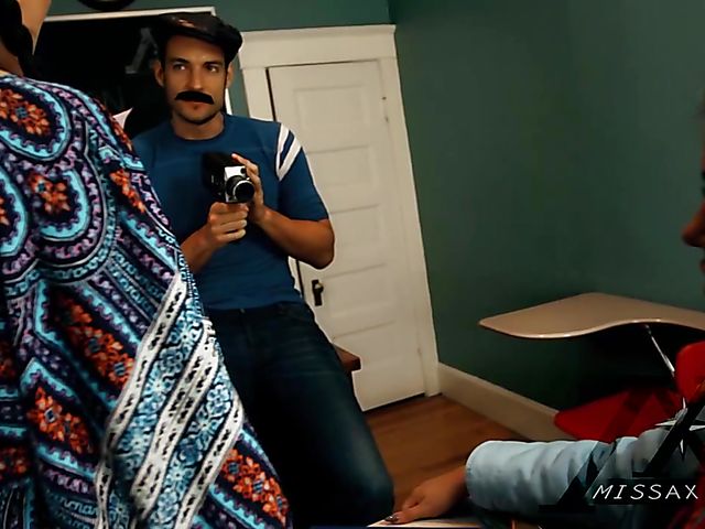 Adriana Chechik and Megan Rain FFM blowjob in the classroom