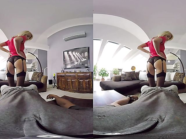 Blonde Katy Rose riding cock in VR