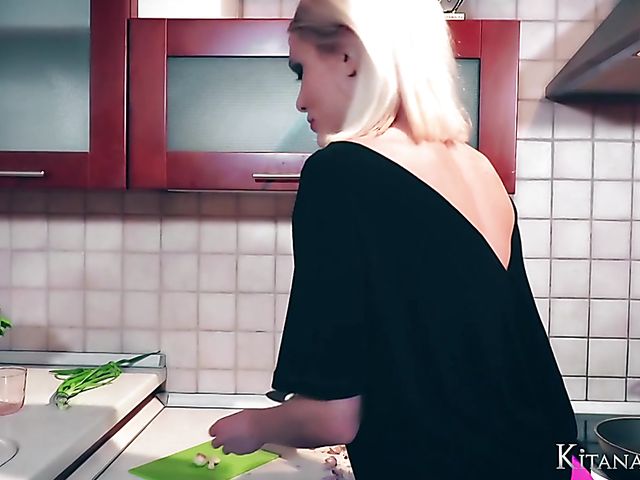 Perfect blonde Kitana Lure with big hooters goes wild in the kitchen