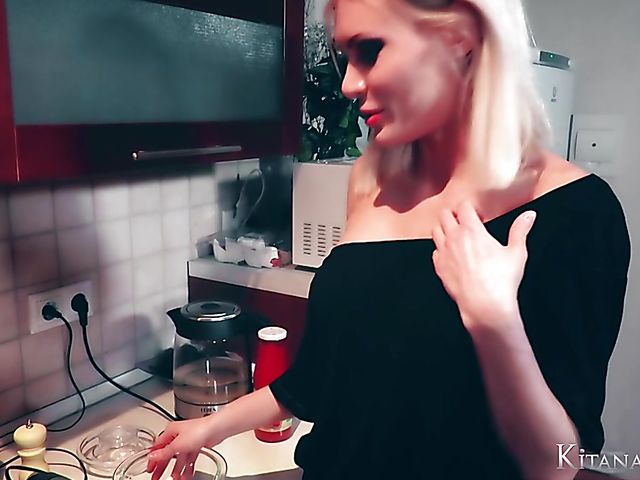 Perfect blonde Kitana Lure with big hooters goes wild in the kitchen