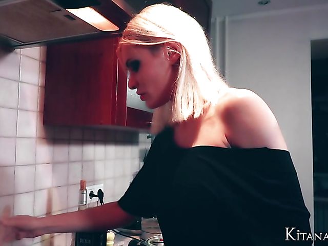 Perfect blonde Kitana Lure with big hooters goes wild in the kitchen