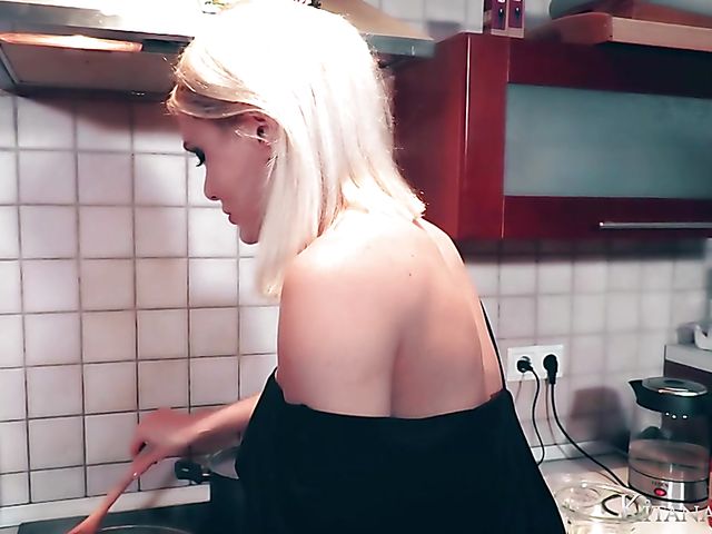 Perfect blonde Kitana Lure with big hooters goes wild in the kitchen