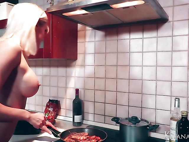 Perfect blonde Kitana Lure with big hooters goes wild in the kitchen