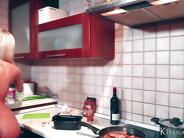 Perfect blonde Kitana Lure with big hooters goes wild in the kitchen