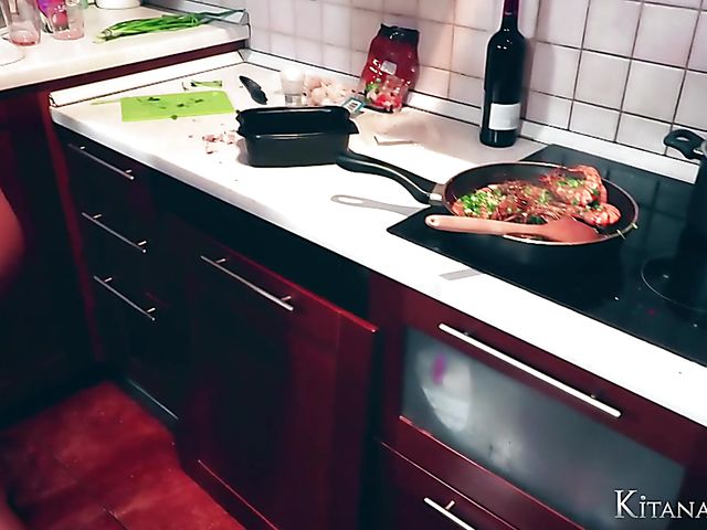 Perfect blonde Kitana Lure with big hooters goes wild in the kitchen