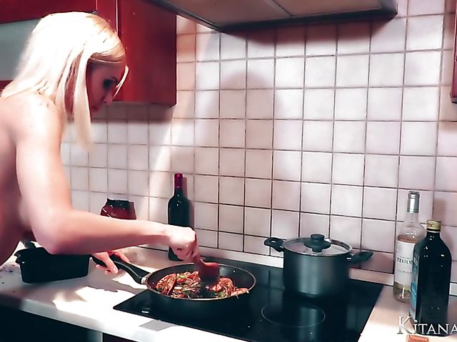 Perfect blonde Kitana Lure with big hooters goes wild in the kitchen
