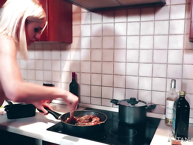 Perfect blonde Kitana Lure with big hooters goes wild in the kitchen