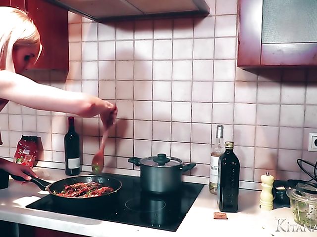 Perfect blonde Kitana Lure with big hooters goes wild in the kitchen