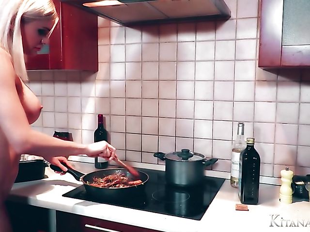 Perfect blonde Kitana Lure with big hooters goes wild in the kitchen