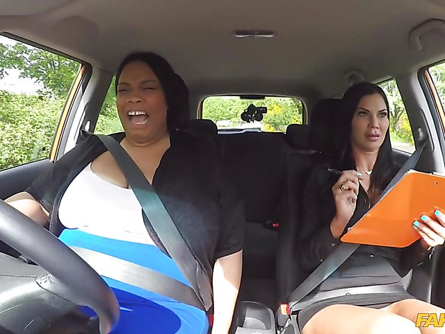 Fat ebony Busty Cookie gets seduces by busty Jasmine Jae in the car