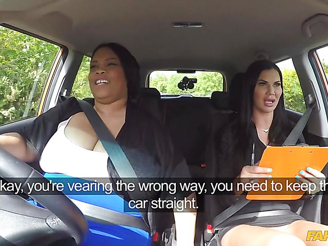 Fat ebony Busty Cookie gets seduces by busty Jasmine Jae in the car