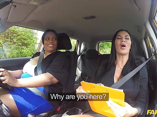 Fat ebony Busty Cookie gets seduces by busty Jasmine Jae in the car