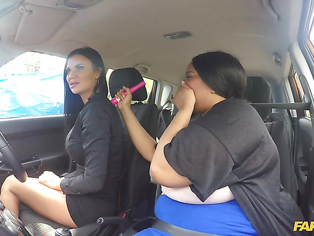 Fat ebony Busty Cookie gets seduces by busty Jasmine Jae in the car