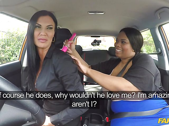 Fat ebony Busty Cookie gets seduces by busty Jasmine Jae in the car
