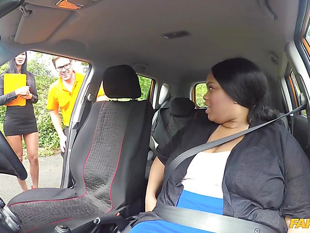 Fat ebony Busty Cookie gets seduces by busty Jasmine Jae in the car