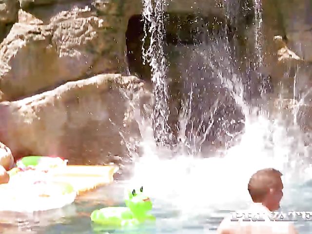 Interracial pool orgy with three playful girls