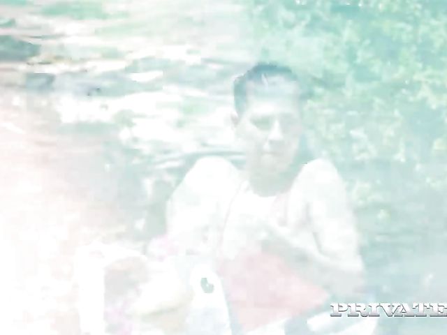 Interracial pool orgy with three playful girls