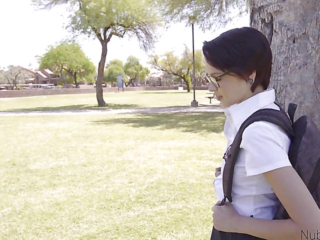 Short hair teen Cadey Mercury gets banged on a leash