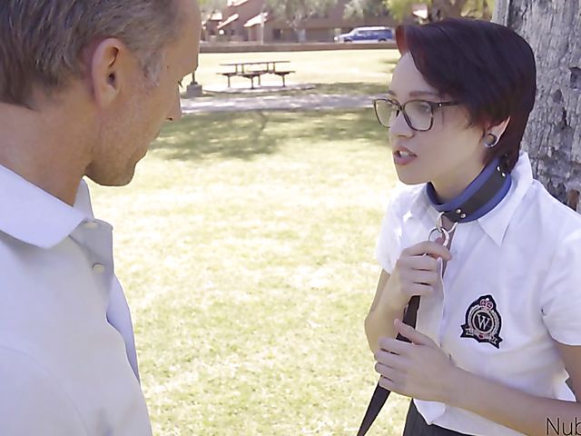 Short hair teen Cadey Mercury gets banged on a leash