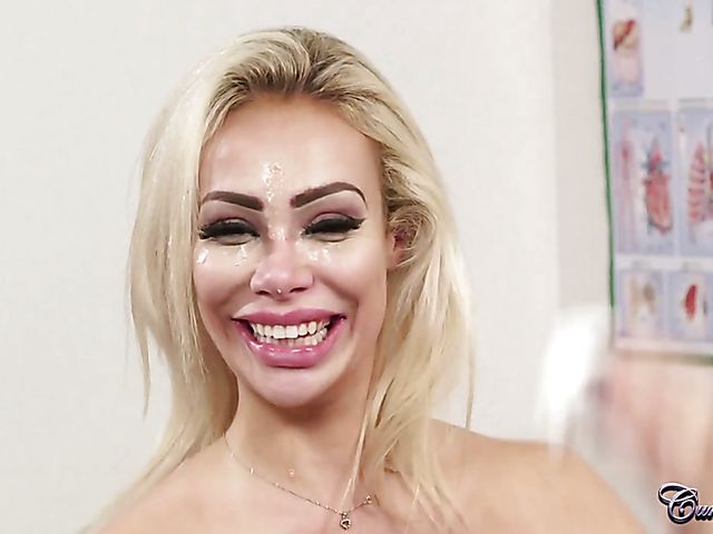 Busty cock sucker Chessie Kay gets cum on face