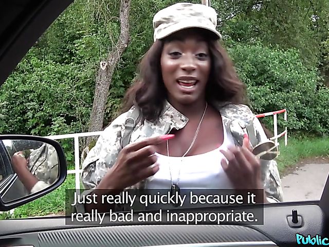 Busty black hitchhiker Jai James takes a white sausage