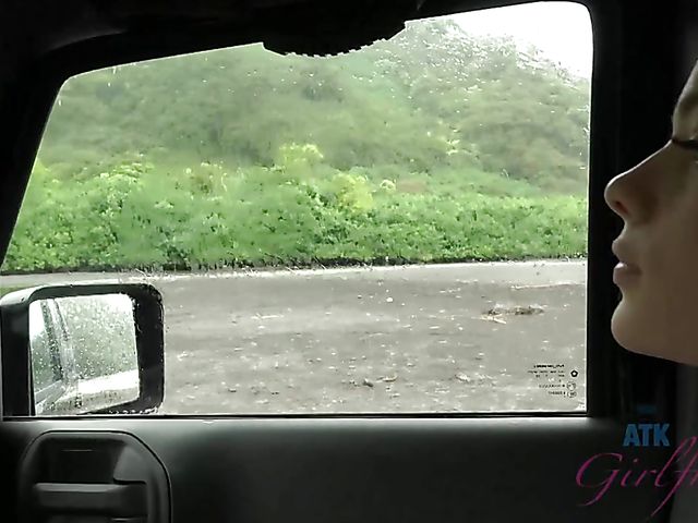 Car sex with his petite girlfriend Elsa Jean