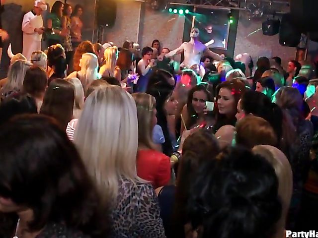 Party blowjob in the crowd with dirty strippers